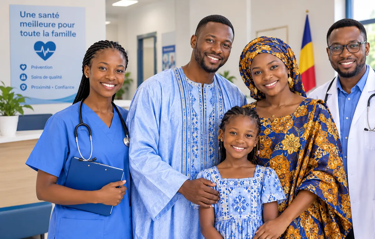 Une famille tchadienne souriante avec une infirmière et un médecin dans le hall d’une clinique.
